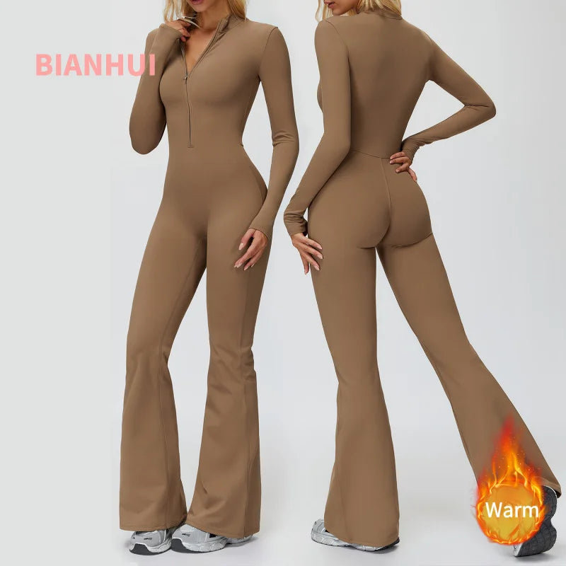 BIANHUI Autumn Winter Fleece-Lined One-Piece Stand Collar Warm Yoga Sporty Jumpsuit Woman Wide-Leg Sports Running Fitness Suit