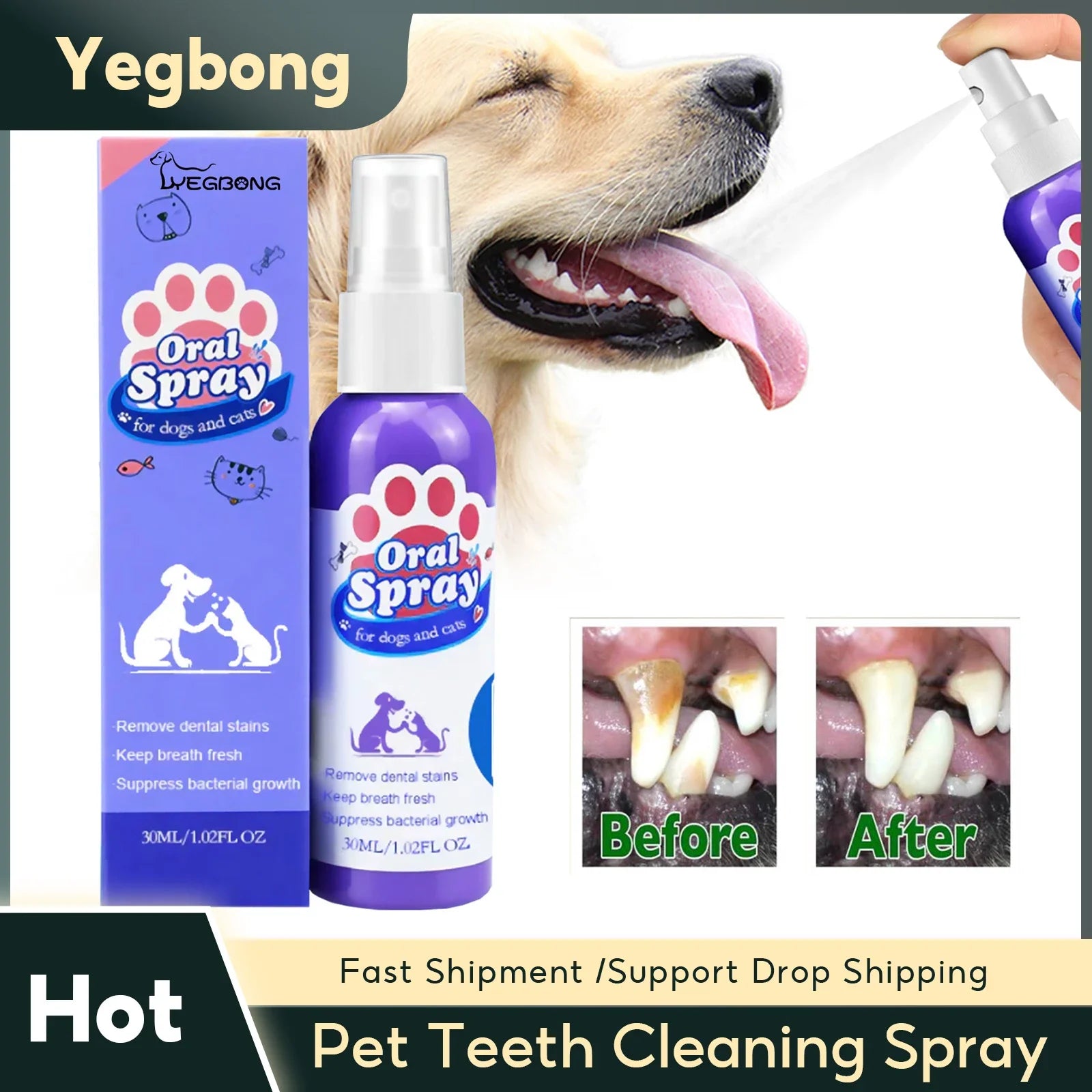 Pet Teeth Cleaning Spray for Dog Cats Tartar Remover Bad Breath Oral Care Freshener Dental Hygiene Water Additive Plaque Control