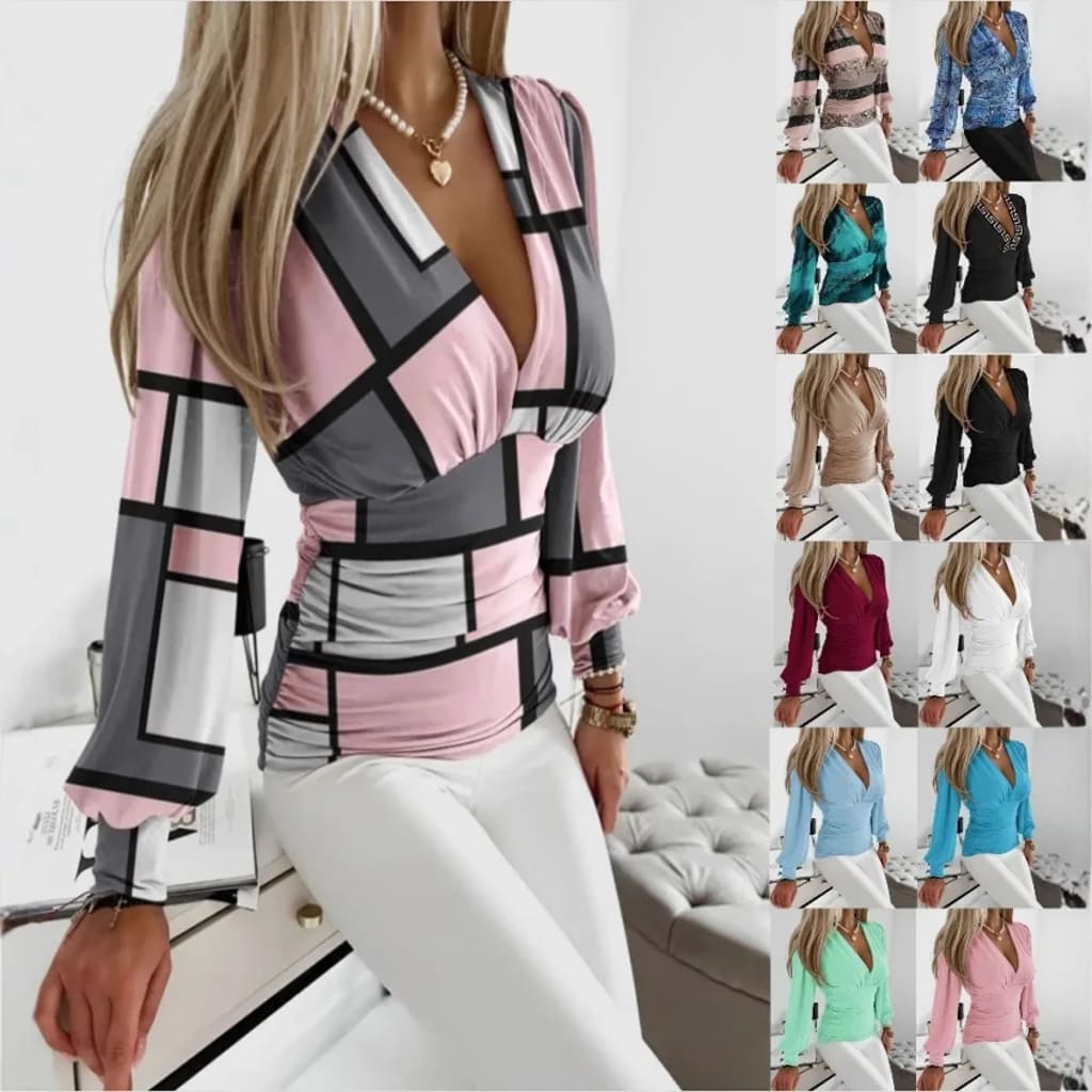 Sexy Geometric Print Shirt Fashion V-neck Long-sleeved Tops Women's Clothing