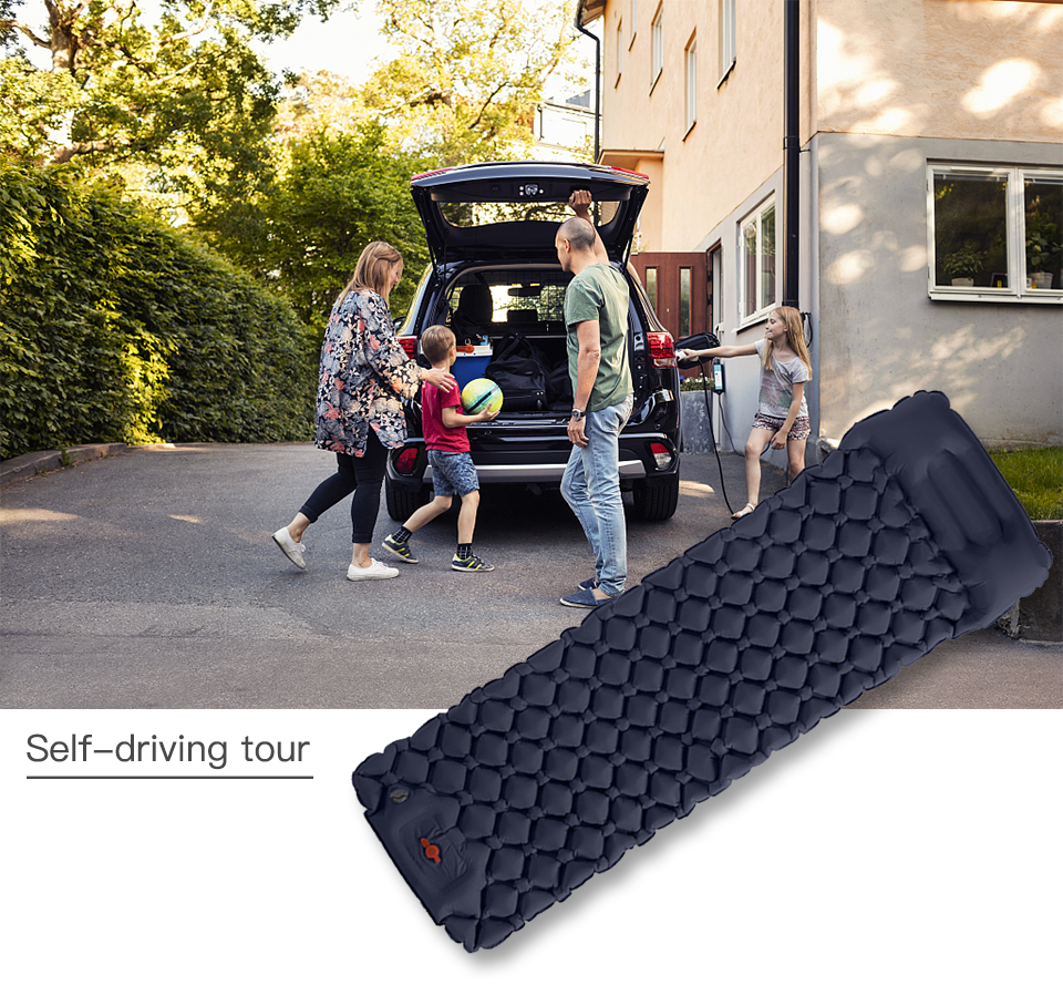Inflatable camping sleeping pad with built-in pillow, feature overview