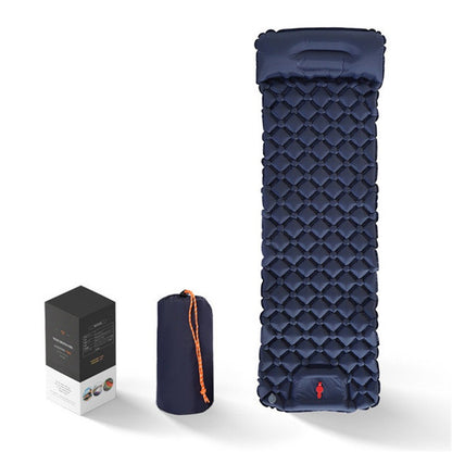 Outdoor camping inflatable sleeping pad in navy set up inside a tent