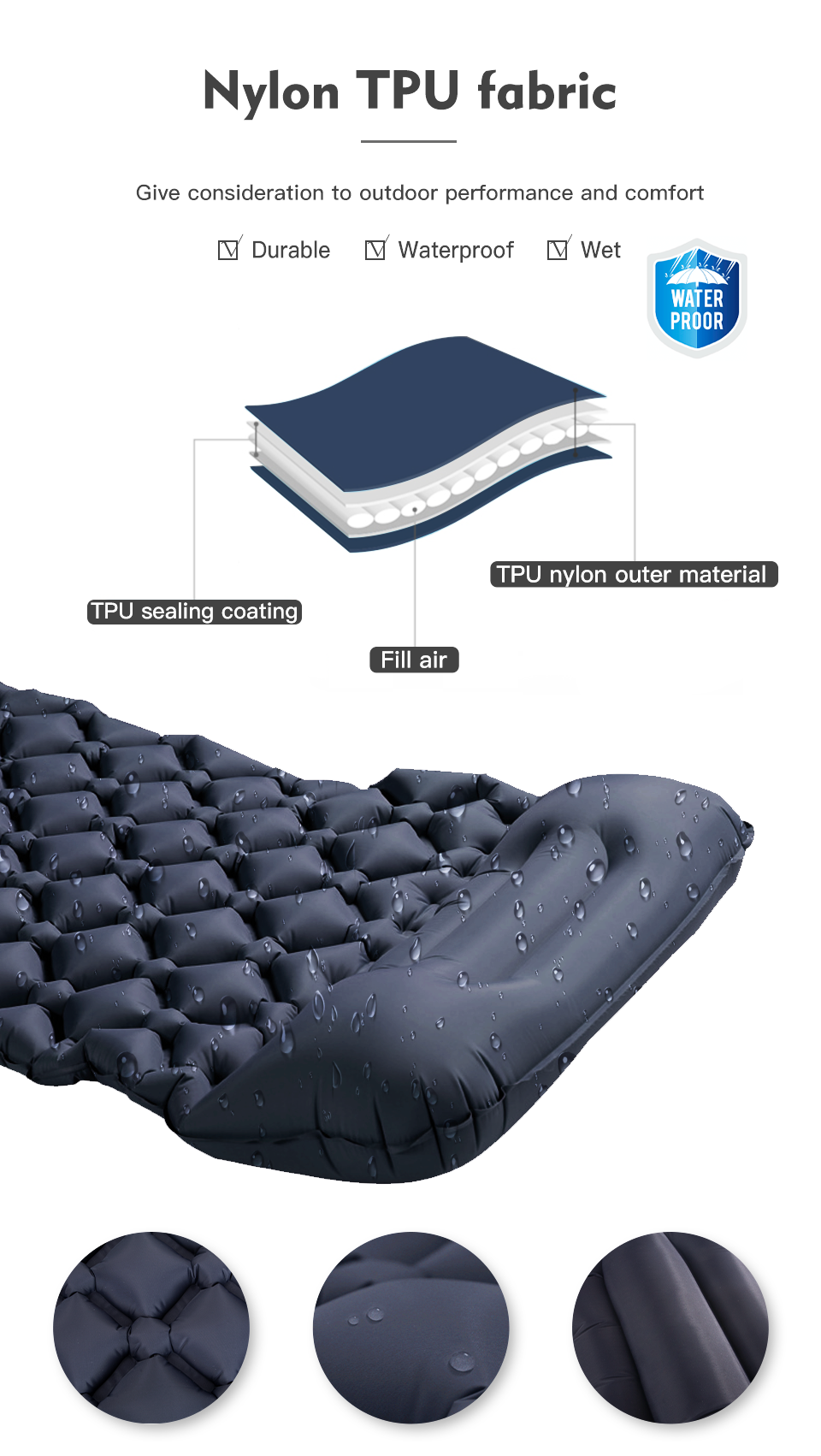 Army green inflatable camping sleeping pad