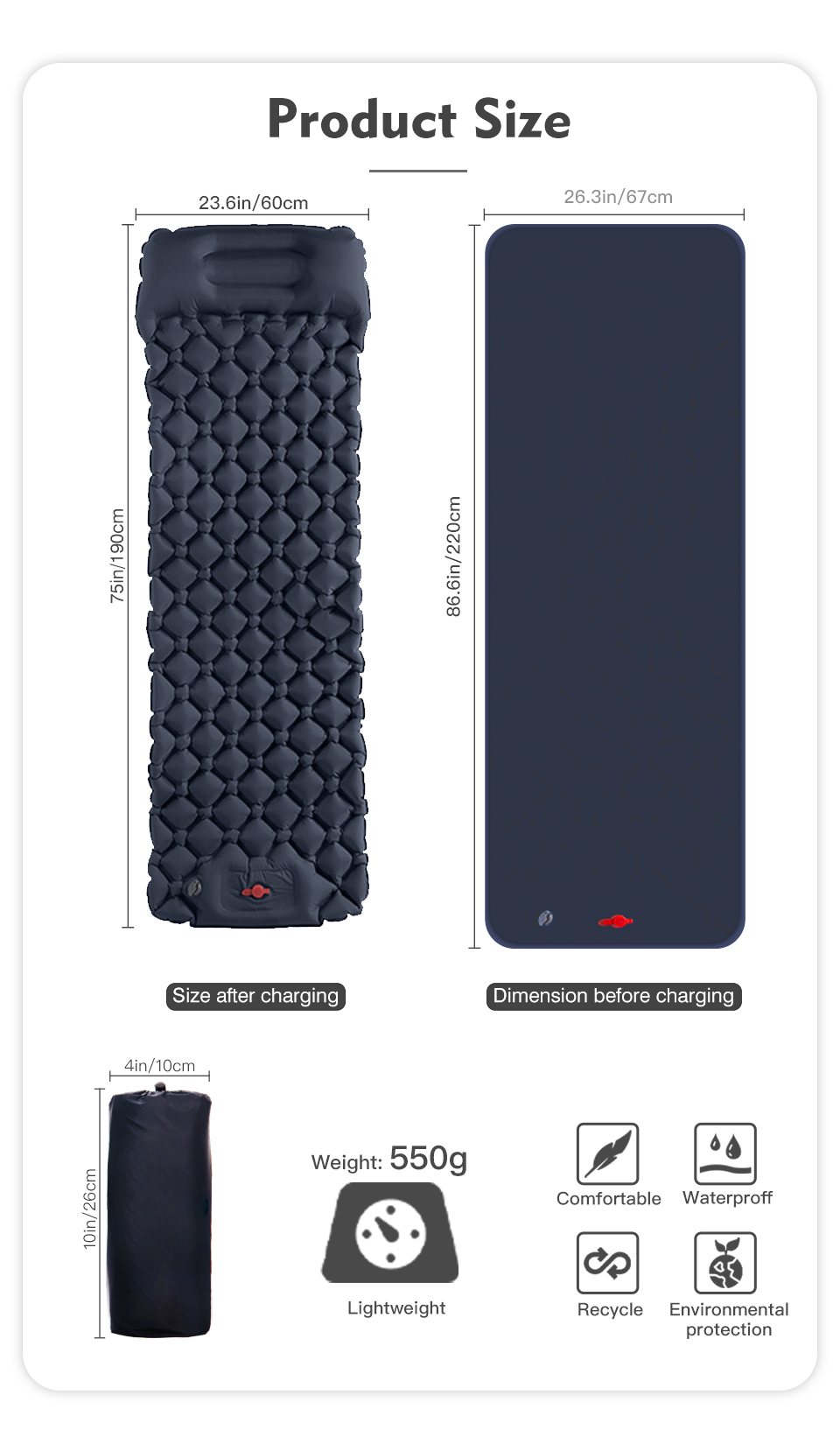 Inflatable sleeping pad inflation steps with press pump